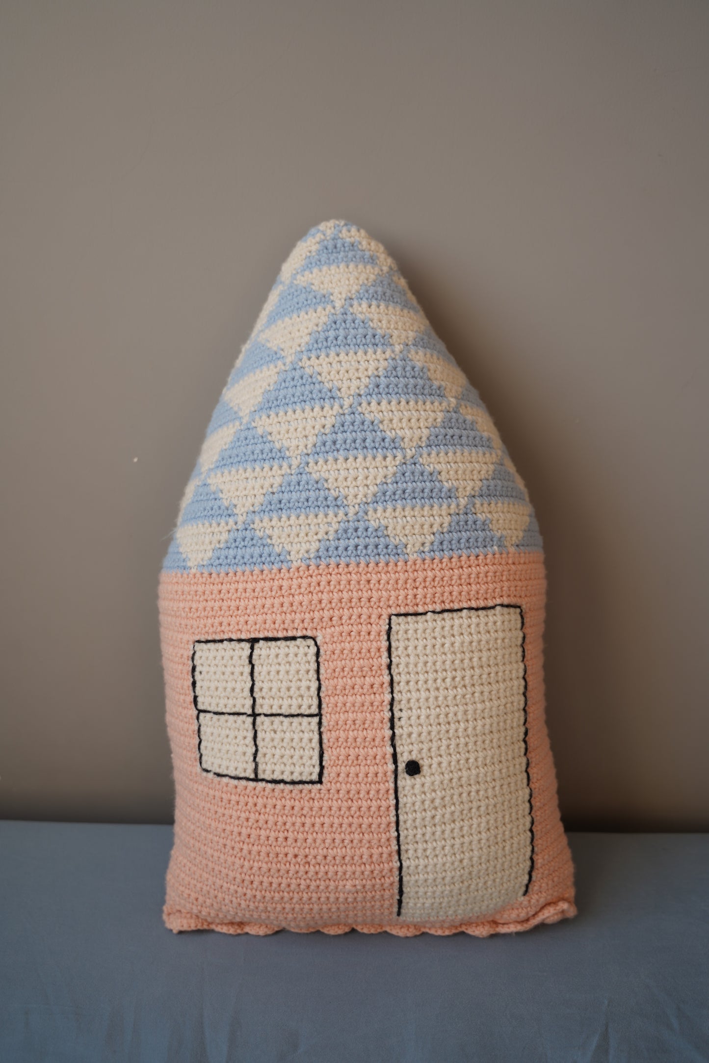 Blue-Topped Pink Cottage Crochet Pillow