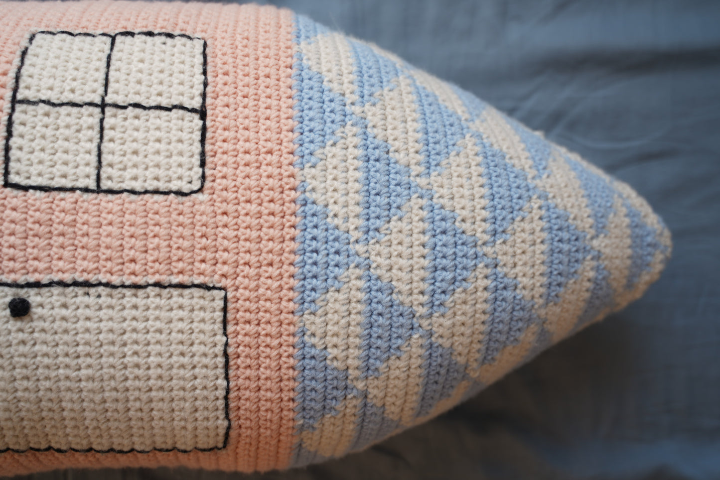 Blue-Topped Pink Cottage Crochet Pillow