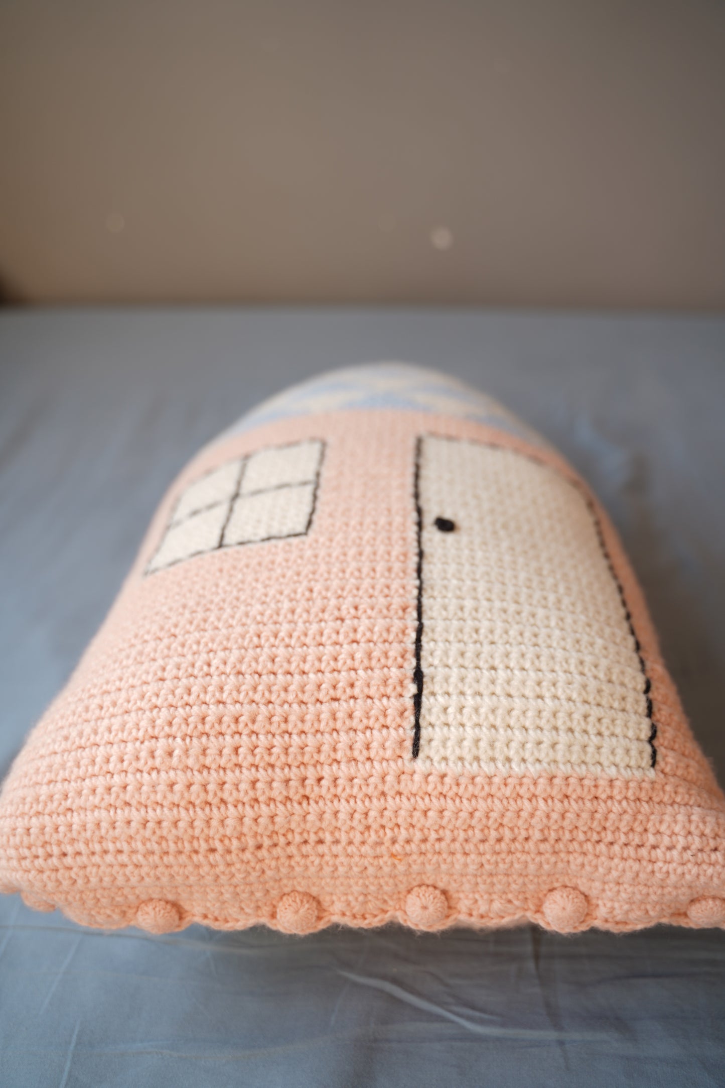 Blue-Topped Pink Cottage Crochet Pillow