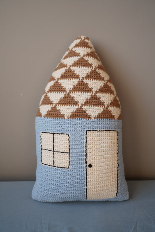 Coffee-Colored Topped Blue Cottage Crochet Pillow