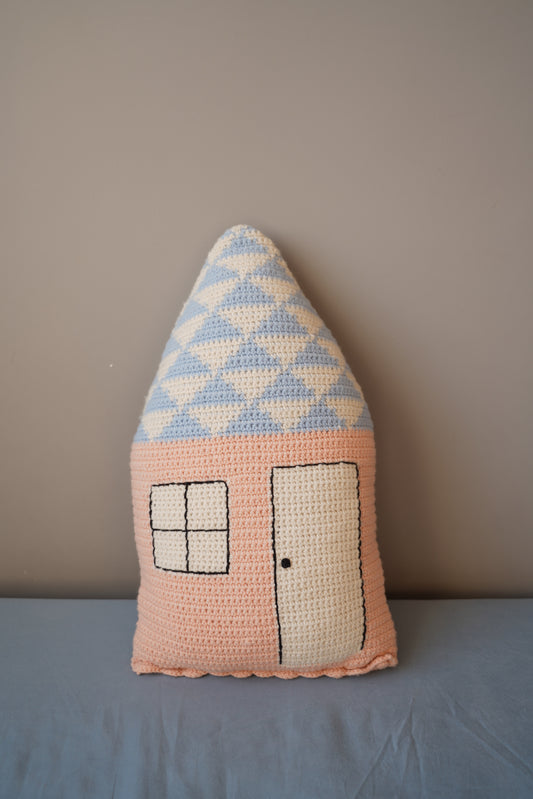 Blue-Topped Pink Cottage Crochet Pillow