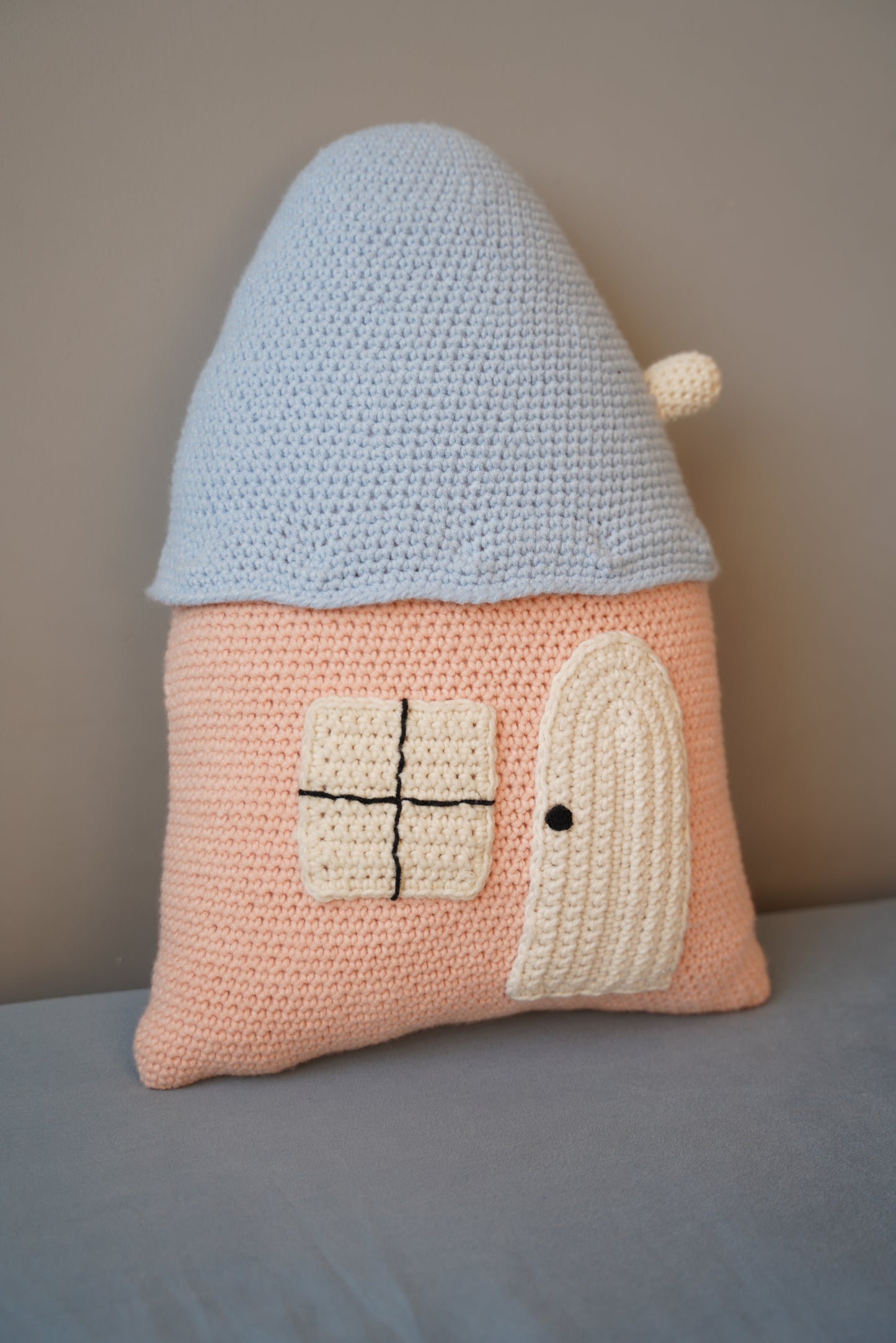 Blue-Topped Pink Cottage House Crochet Pillow