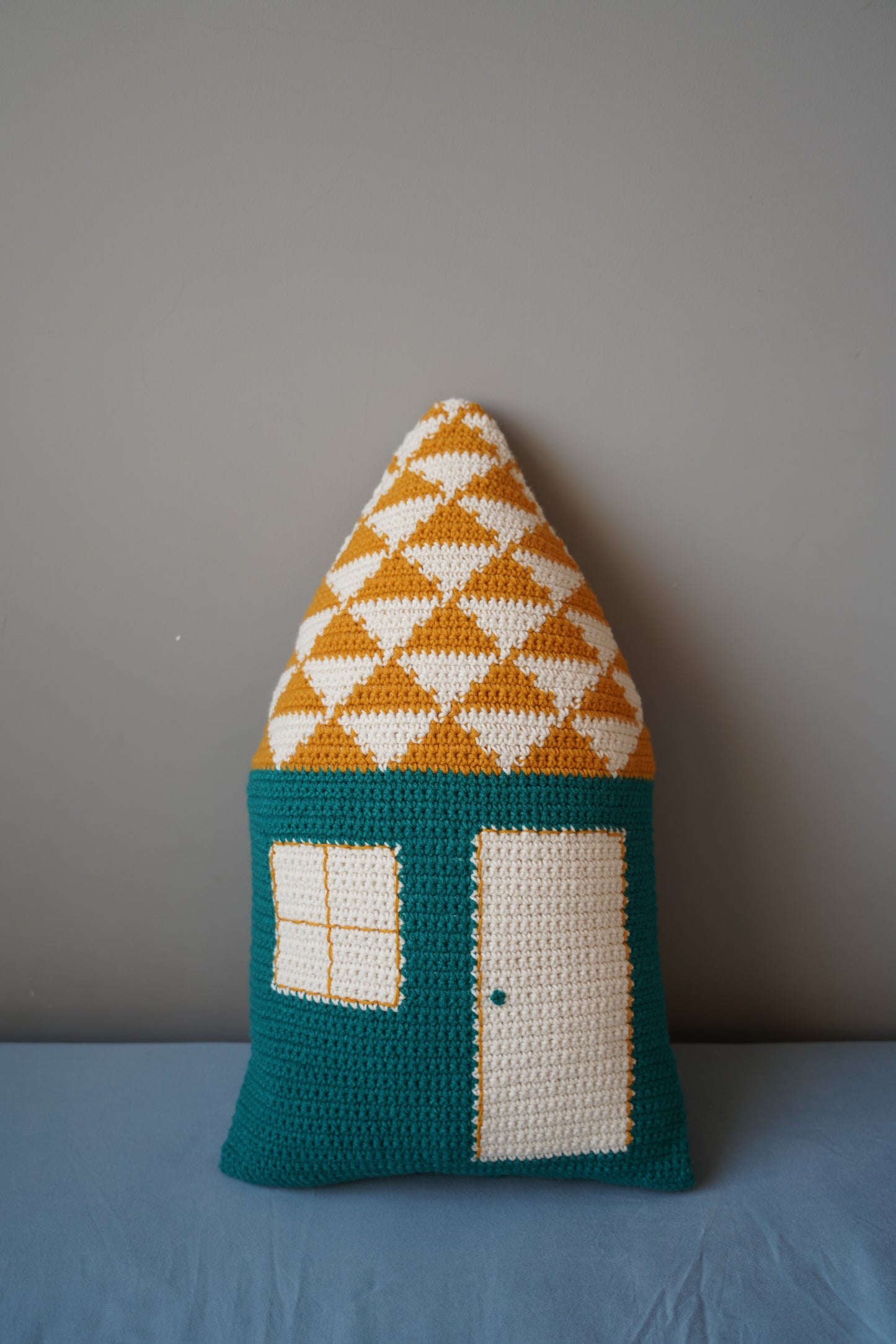 Yellow-Roofed Blue Cottage Crochet Pillow