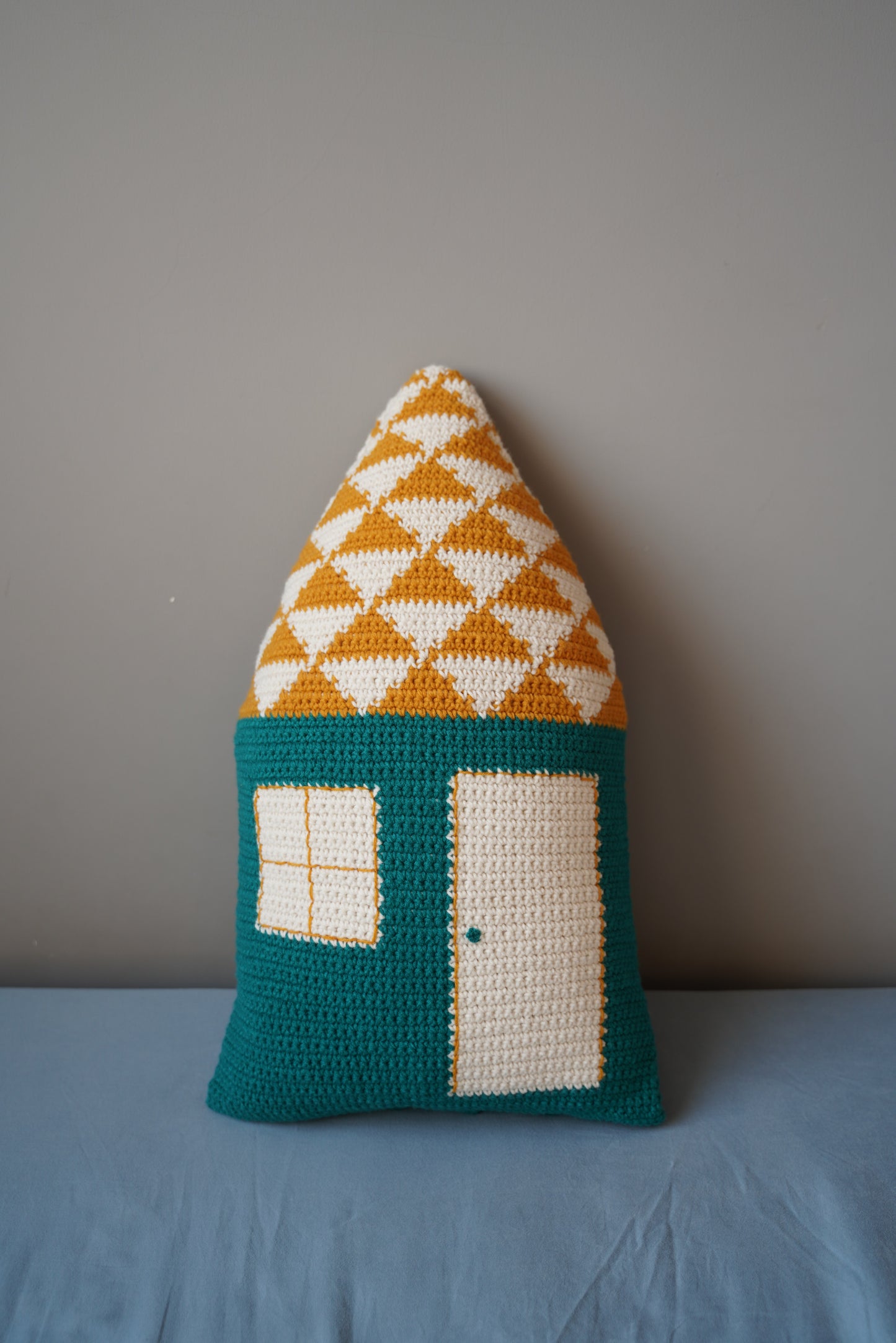 Yellow-Roofed Blue Cottage Crochet Pillow