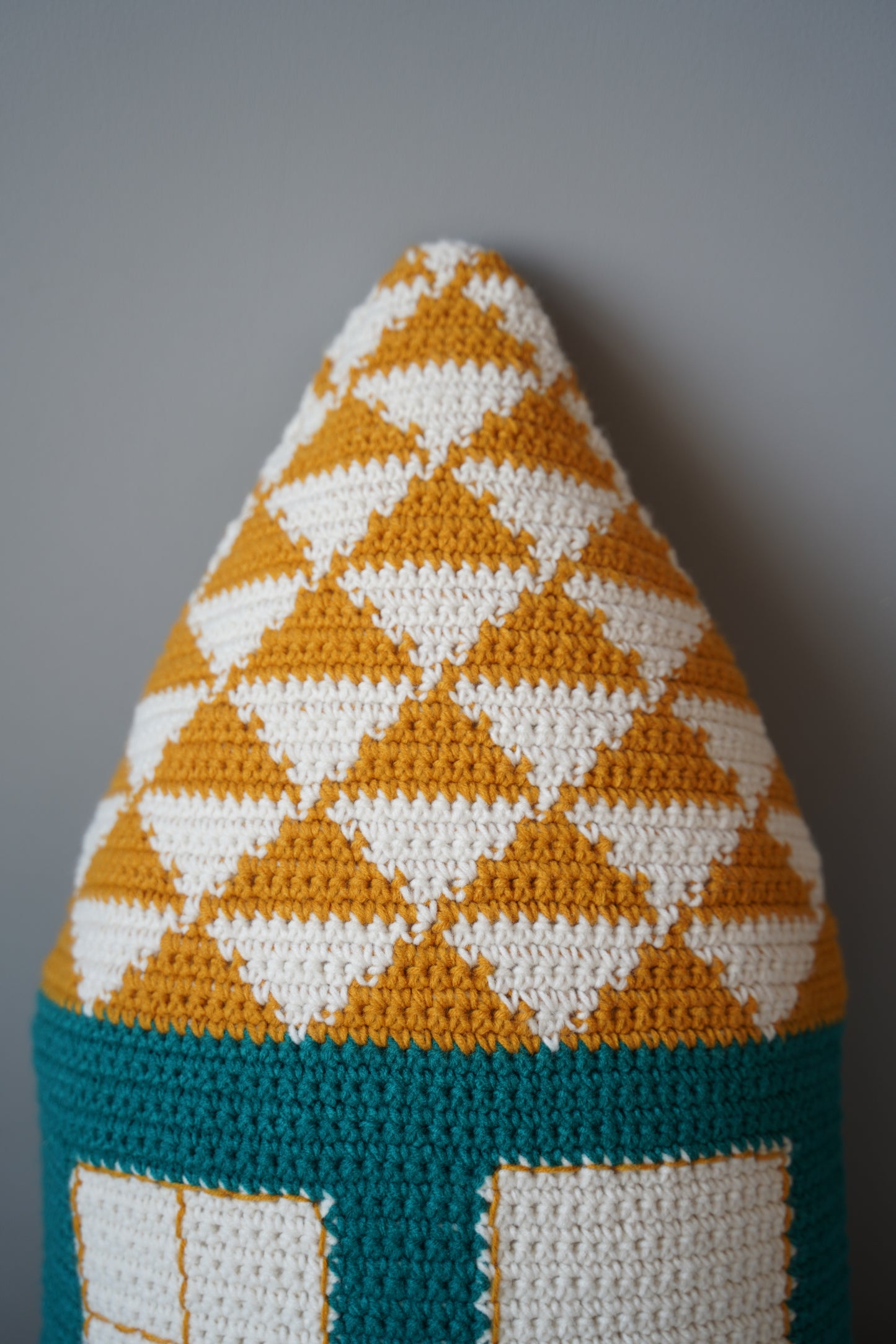 Yellow-Roofed Blue Cottage Crochet Pillow