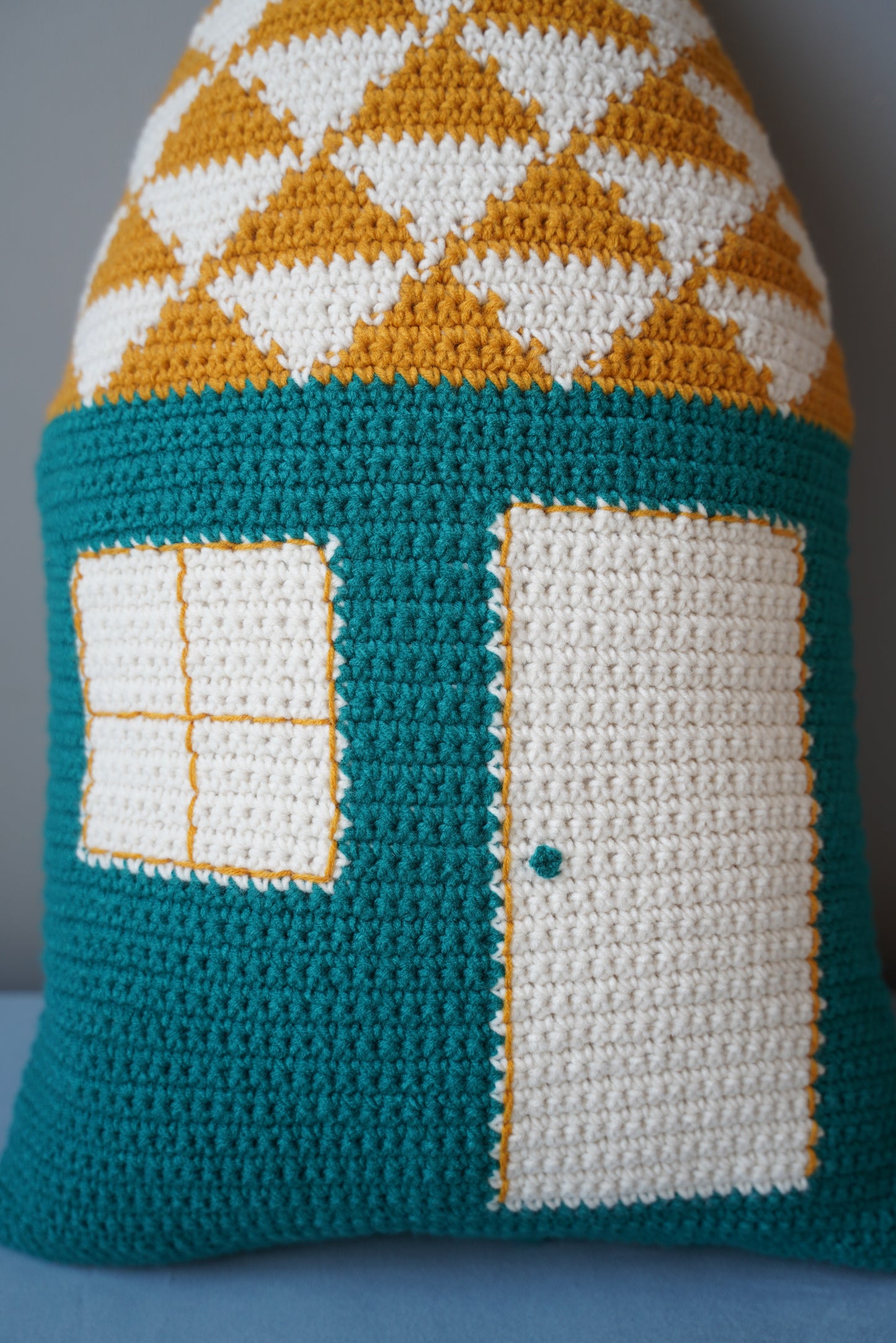 Yellow-Roofed Blue Cottage Crochet Pillow