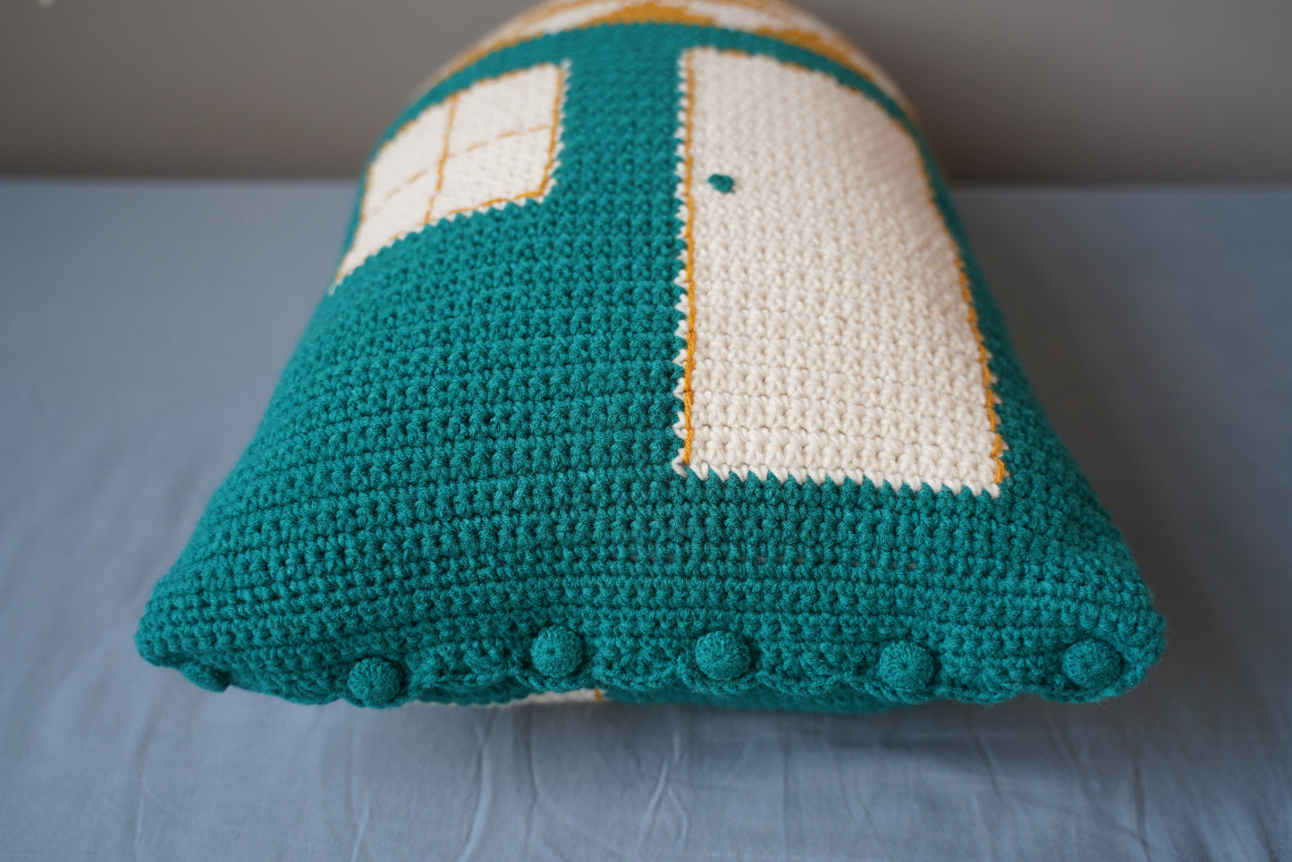 Yellow-Roofed Blue Cottage Crochet Pillow